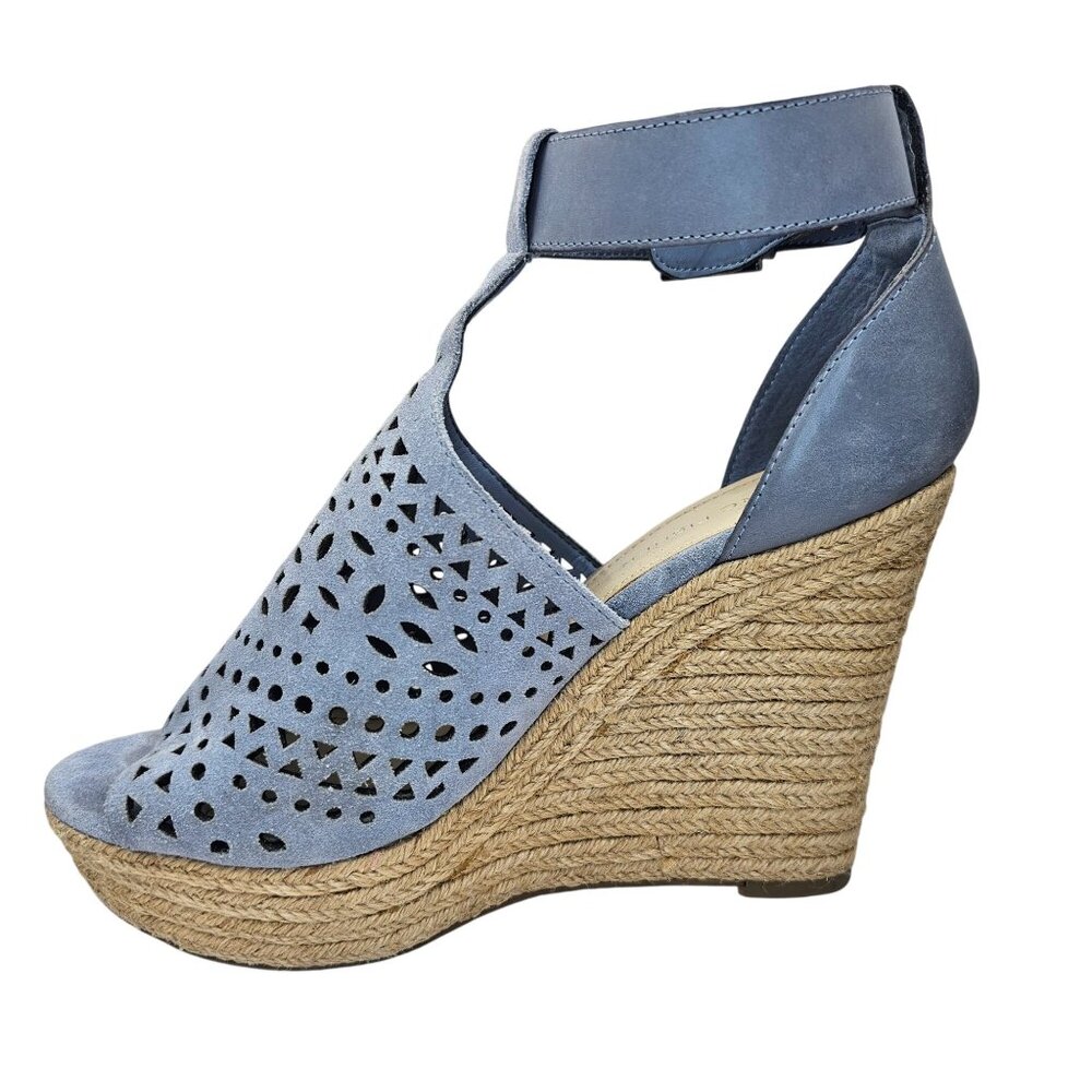 Marc Fisher 8.5M Hasina Blue Perforated Suede T-Strap Wedge Sandals